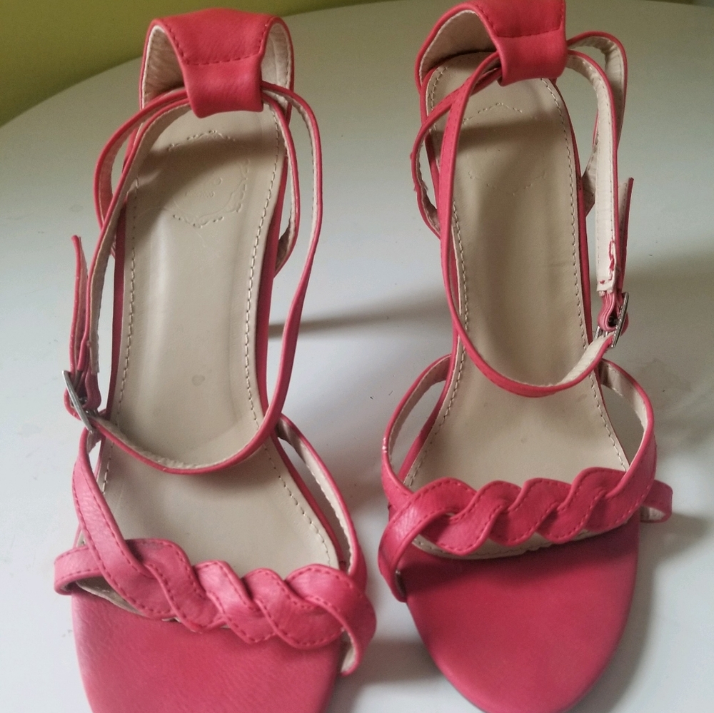 Ollio Sexy Red Leather High Heel Twisted Rope Open Toe Ankle Strap